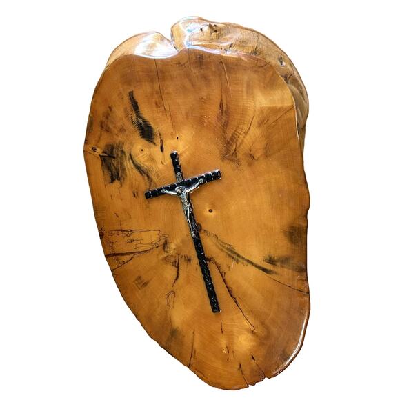 Crucifix on wood  Hand made in the USA 15.5" x 10" cross on raw wood edge slab - Picture 1 of 8